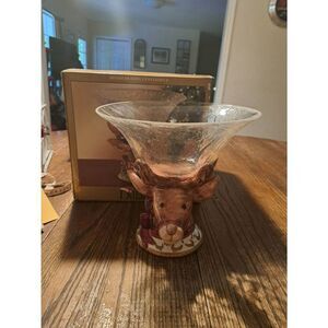Vintage Dillards Reindeer Bowl Centerpiece Crinkle Glass Holiday Christmas Decor